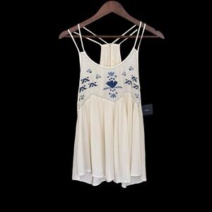 inTu Embroidered Babydoll Tank Top‎ Small Ivory Blue Gauze Racerback Boho NWT